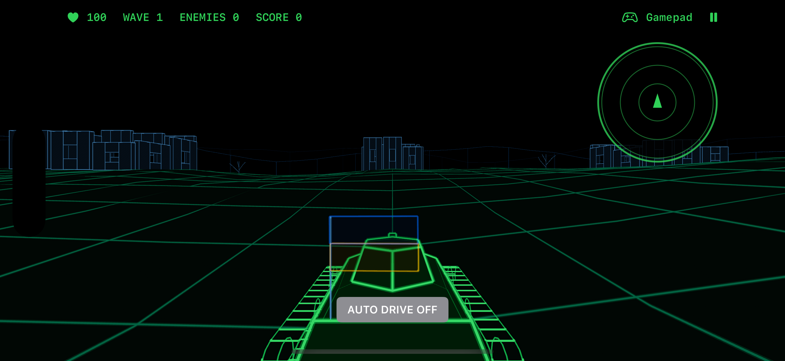 Player tank and ruined wireframe city